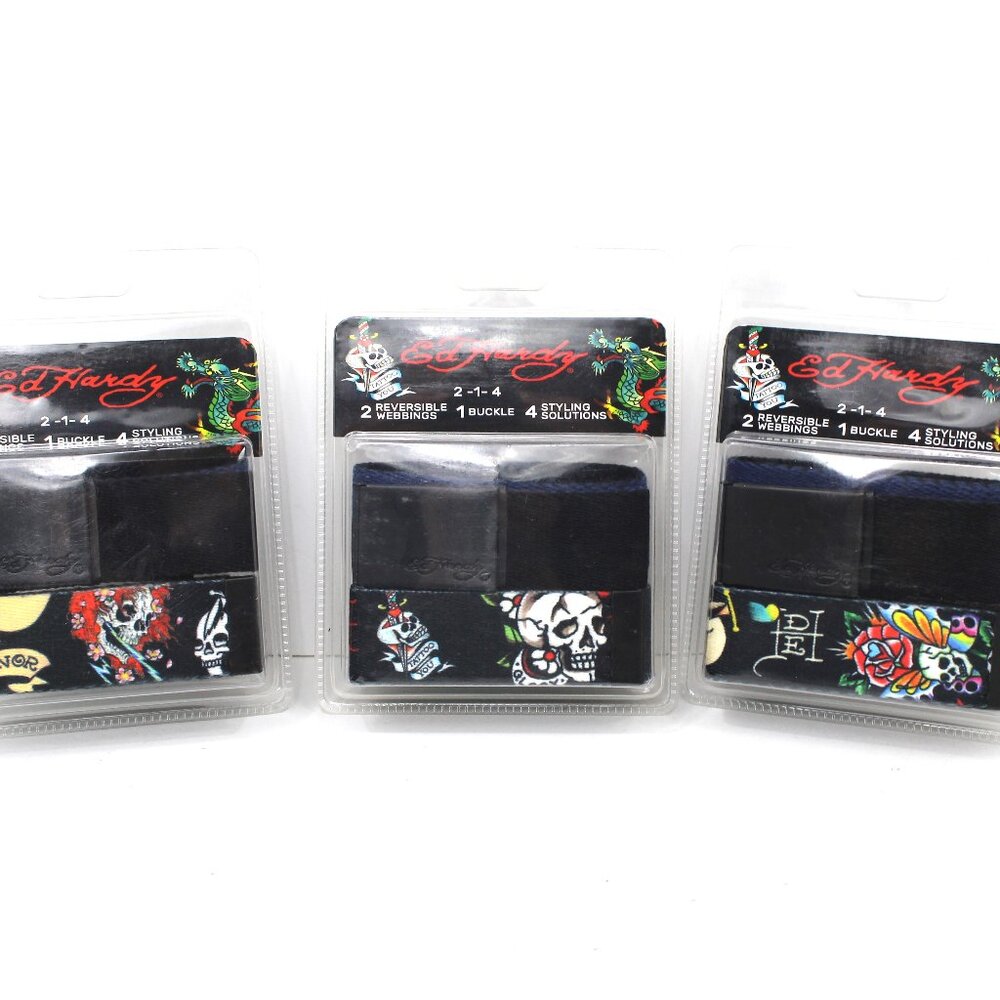 Ed Hardy Men's Adjustable Canvas Belt Set 2 Reversible Webbings 1 Buckle 44" NEW